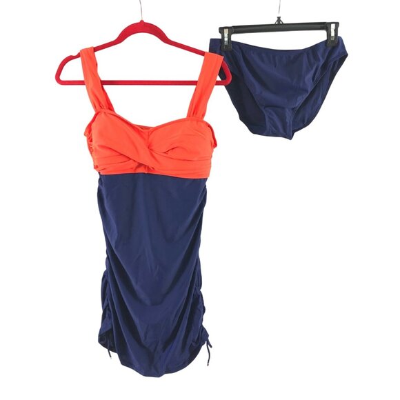 Womens Swim Dress 2 Piece Ruched Colorblock Retro Navy Blue Orange Size 2XL - Picture 1 of 4